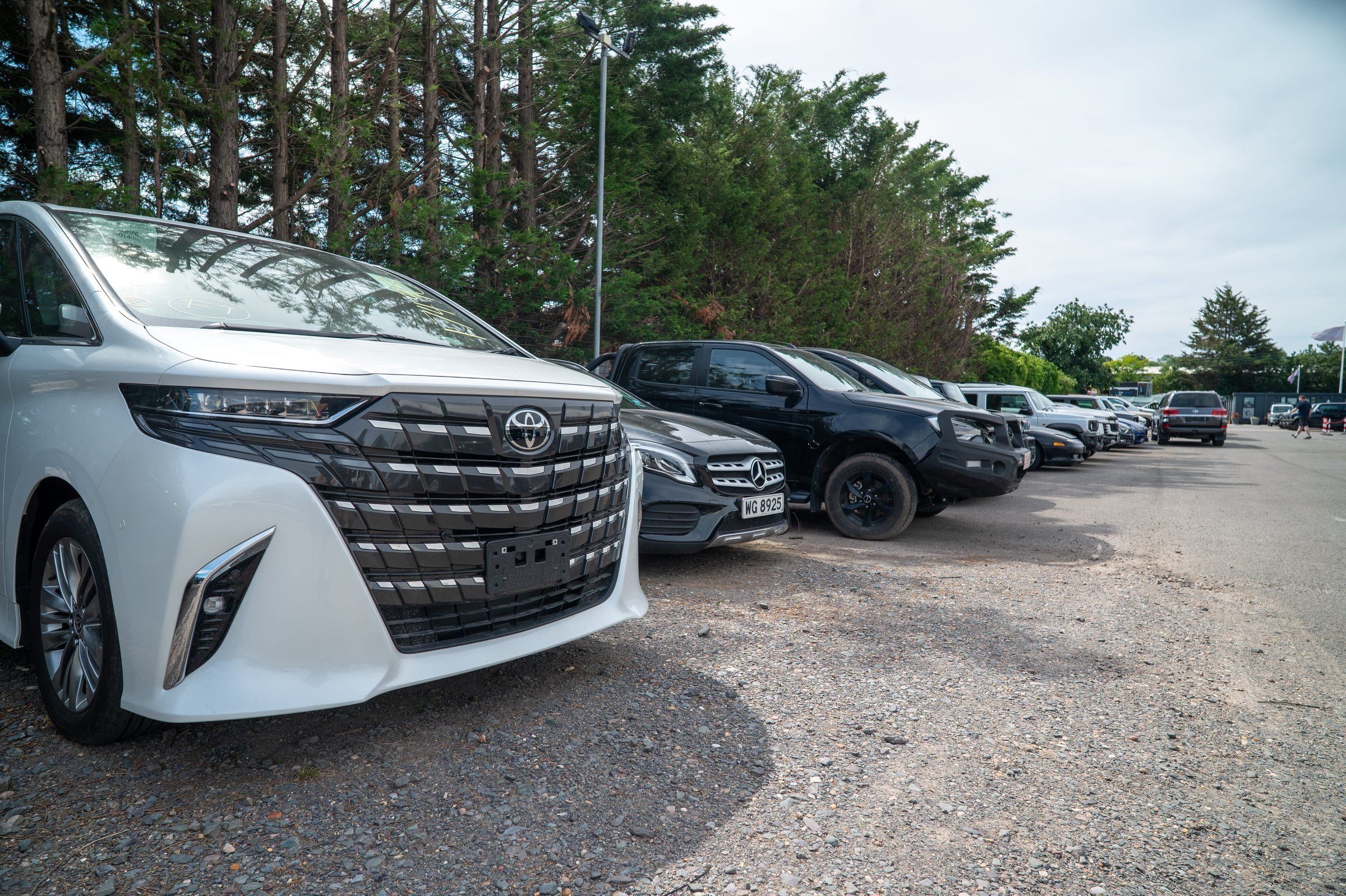 A white Toyota Alphard parked at the front of a row of imported cars on the My Car Import yard