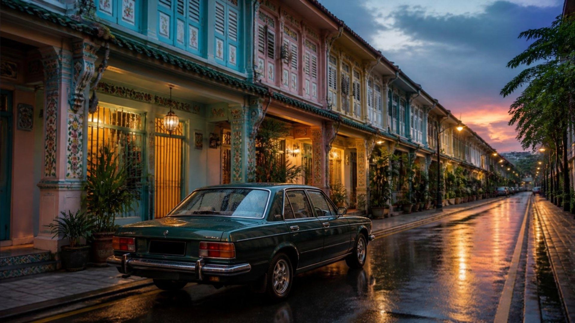 A dark green saloon parked on a wet street of Peranakan shophouses in Singapore at dusk